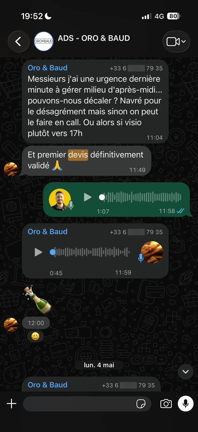 Message WhatsApp d’un client : premier devis définitivement validé.