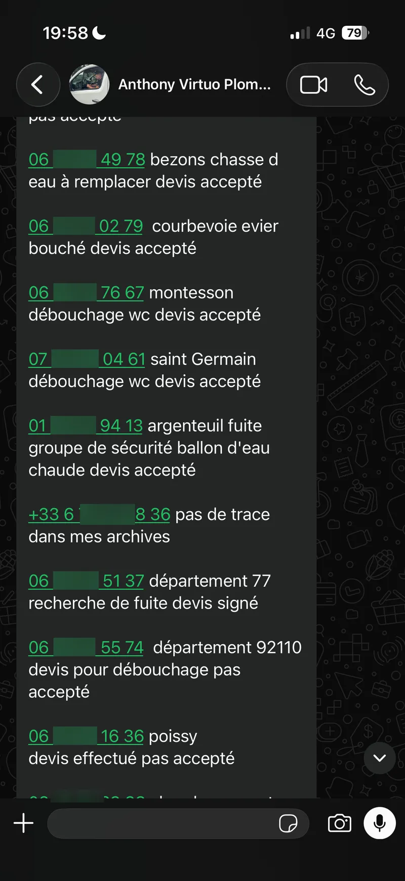 Liste de demandes envoyée par un plombier, avec les devis acceptés.